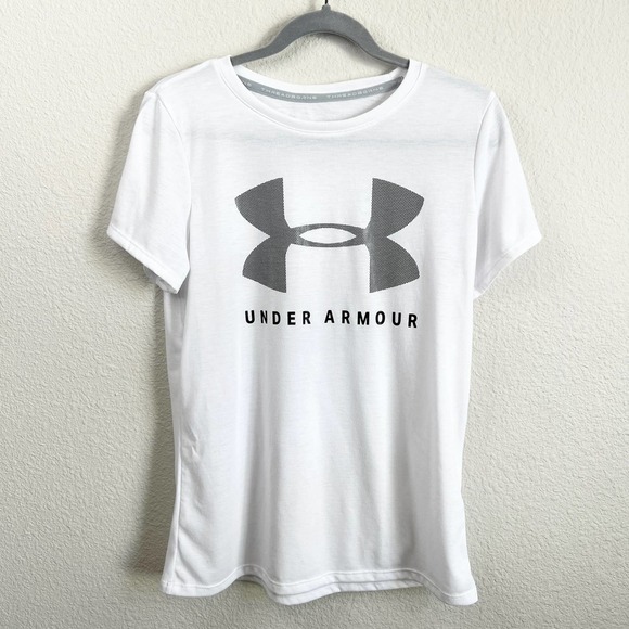 Under Armour T-shirt Womens M White Short Sleeve Logo Loose Heatgear Athleisure - Picture 1 of 4